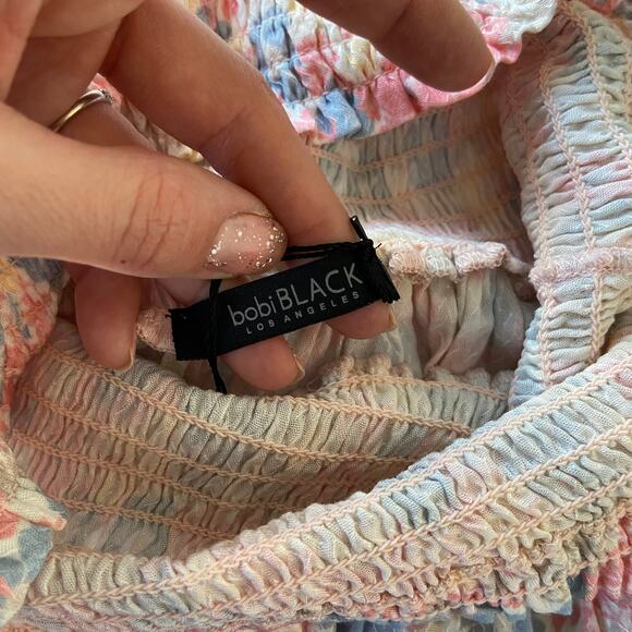 REVOLVE Bobi Black S Pink Pastel Boho Festival Floral Smocked Ruffle Mini Skirt - Picture 7 of 8